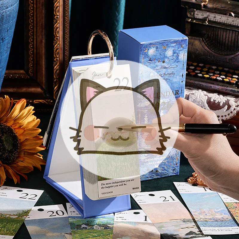 

New 2026 Desk Calendar Vintage Oil Painting Inspirational Quotes One-Way Page Turn Daily Planner