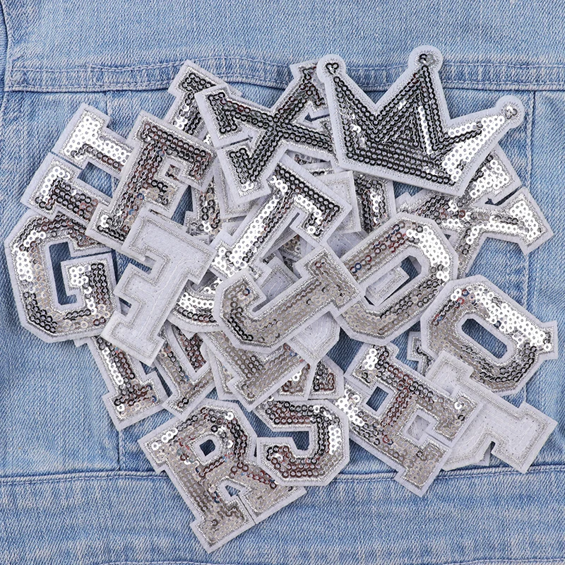 Silver A-Z Sequins English Letter Patches For Clothing Hat Jacket Shose Sew Embroidery Applique Patches On Clothes Decorate DIY