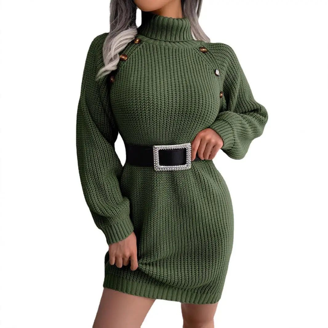Casual High Collar Long Sve Button up Sweater Dr Base Layer Independent Station Cross Border Women's Faion Midi Skirt