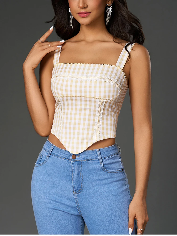 NewAsia Women's Adjustable Strap Backless Plaid Crop Corset Top Sleeveless Print Ruched Fashion Casual Party Tops Khaki Summer