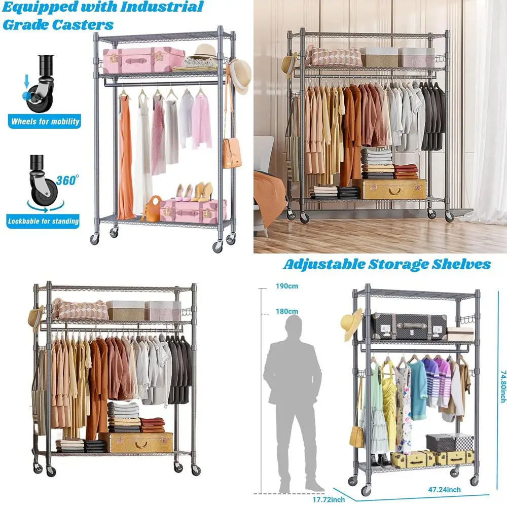 

Серая усиленная 3-ярусная передвижная вешалка для одежды с блокируемыми колесами, штангой для подвешивания и боковыми крючками
