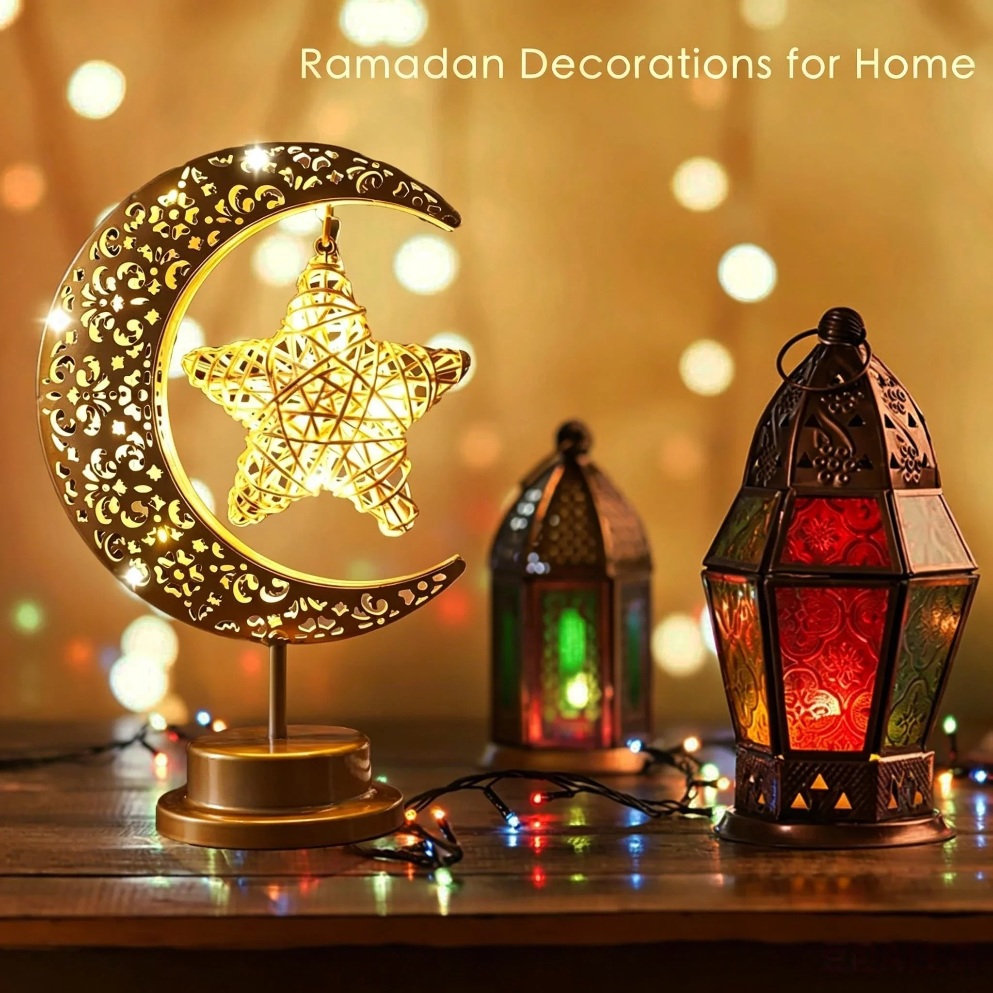LED Moon Star Ball Table Lamp Battery Powered Ramadan Eid Home Decor Candle Holder Room Festival Night Light