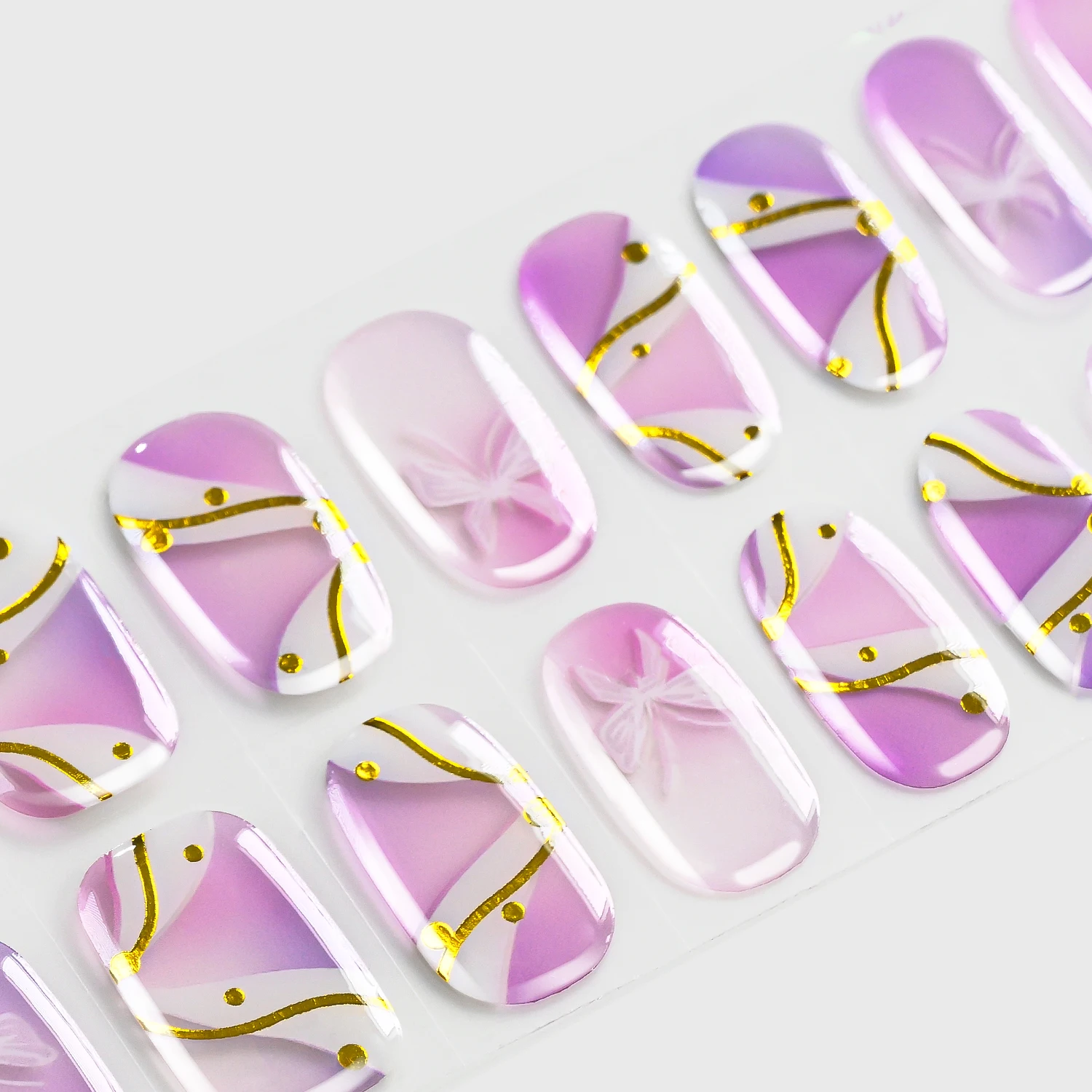16Tips Baking Free Gel Nail Stickers Gold Line Purple Gradient With White Butterfly Full Cover Nail Strips DIY Manicure Decals