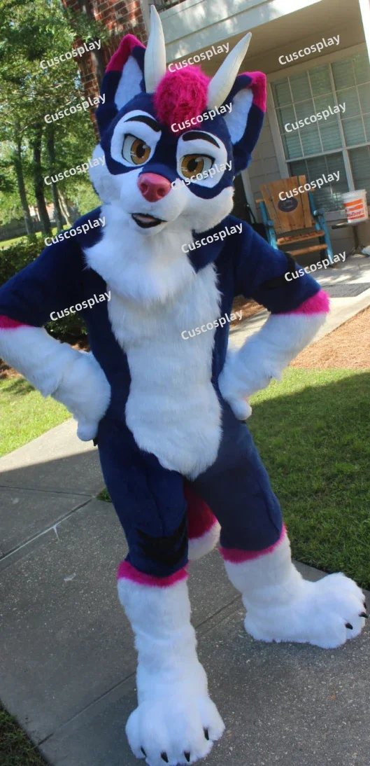 Christmas Bule Husky Dog Fox Mascot Costume Long Fur Furry Costume Fursuit Wolf Cospaly Party Fursuit Halloween Suit Cosplay Ad