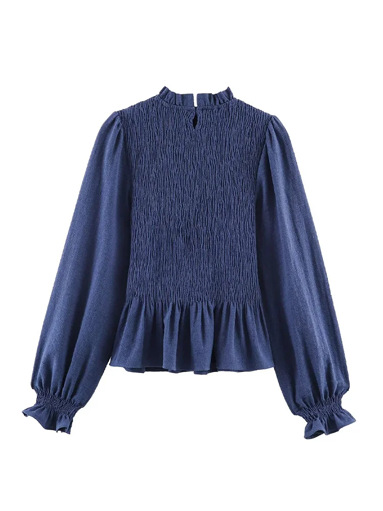 

HH Women Fashion Princess Sleeve Round Collar Honeycomb Plaid Slim Shirt Female Autumn Pleated Long Sleeve Poplin Waist Blouse