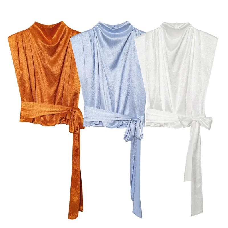 Satin Shawl Collar Sleeveless Crop Top, Women's Elegant Side-Tied Waist Shirt, Luxurious Smooth Silk-Like Tank - view 5