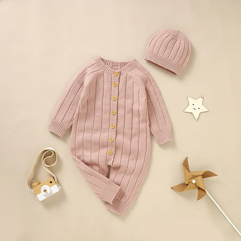 Baby Jumpsuits Knitted Solid Color Newborn Boys Girls Full Sleeve Rompers Hats Clothes Sets 2pcs Infant Toddler Playsuits Outfit
