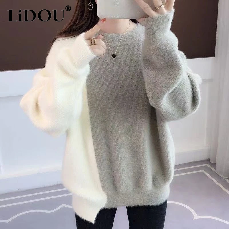 Autumn Winter New Contrast Color Fashion Long Sleeve Sweater Women High Street Oversize Pullovers Korean Style Thicken Warm Tops