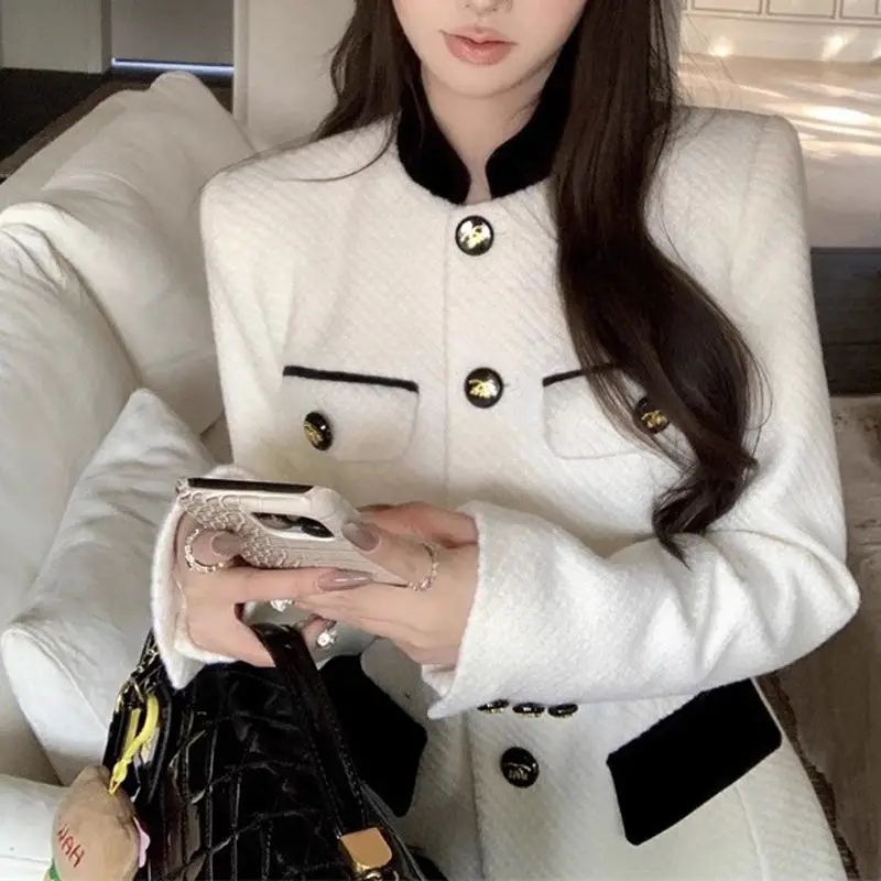 Korea Spring Single Breasted Tweed Jacket Women Autumn Coat Vintage Chic and Elegant Work Office Lady Jacket