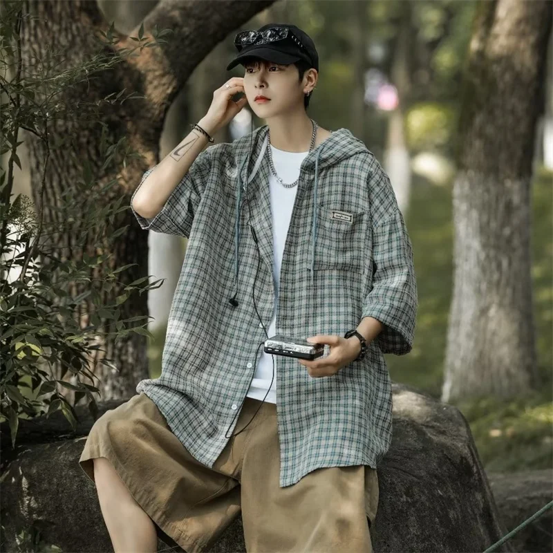 

y Plaid irt Summer Loose Fit ort Sve f Sve Hoodie ex Trendy Vintage Couple's Outerwear Youth Faion