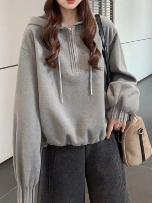 

Женская толстовка с капюшоном на флисовой подкладке, оверсайз, свободный крой, осенне-зимняя, больших размеров, с эффектом стройности и скрытой пушистой подкладкой