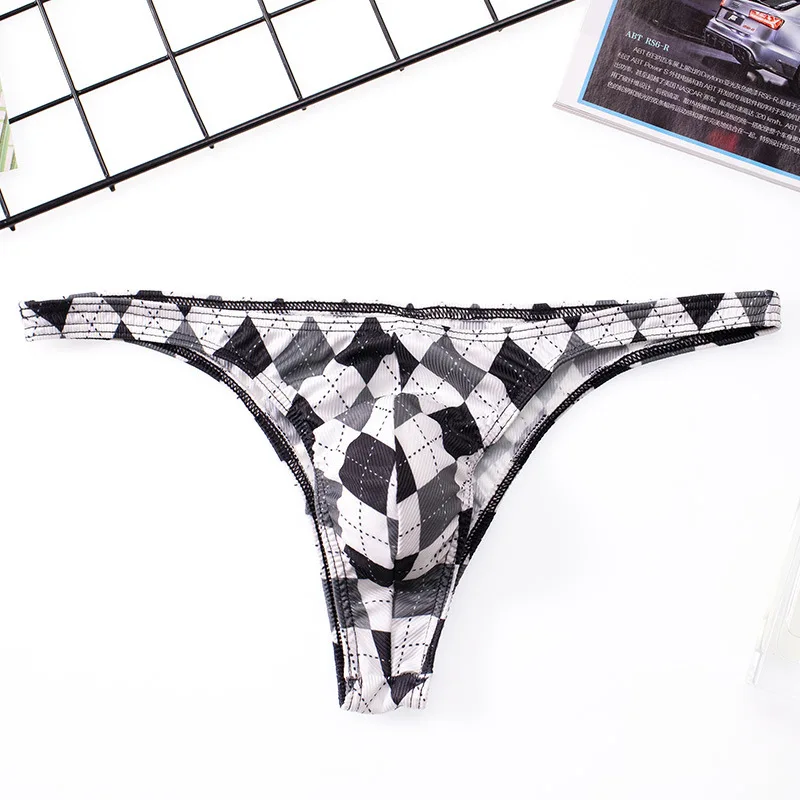 Men Underwear Grid Sexy Briefs U Convex Thong String Bulge Pouch Breathable Panties Male Underpants Intimates Bikini Male