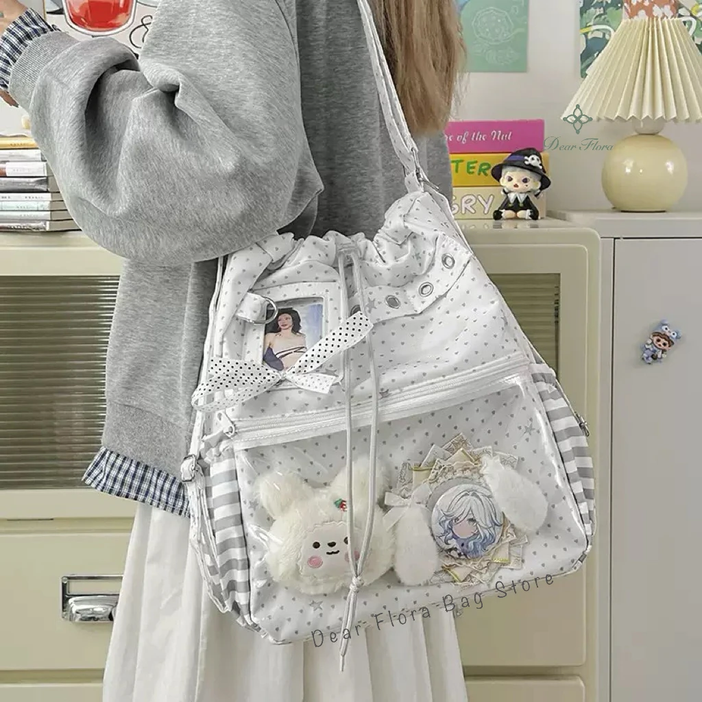 New Y2k Cute Ita Bag Girls Transparent Shoulder Bag Fashionable Large Capacity Polka Dot Canvas Tote Bag Casual Commuter Handbag view 4