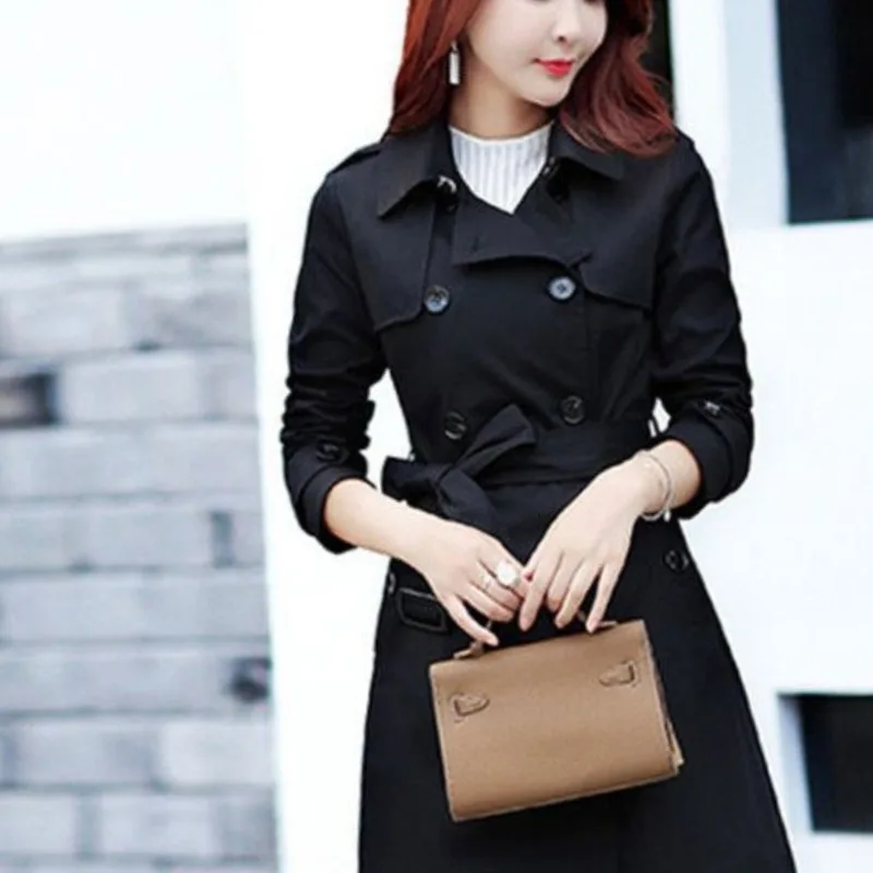 

Women's Autumn Winter New Fashion Solid Color Half Open Collar Button Strap Korean Long Sleeved Slim Fit Mid LengthTrench Coat