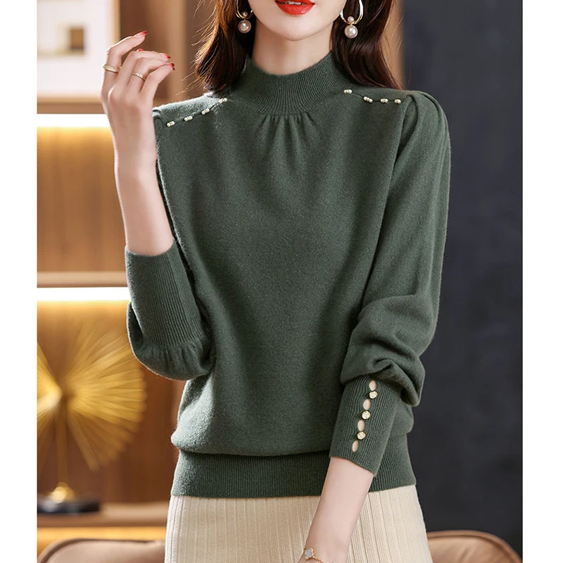 Women Korean Fashion Beaded Elegant Knitted Sweater Autumn Winter Solid Long Sleeve Loose Pullover Tops Half High Collar Jumpers