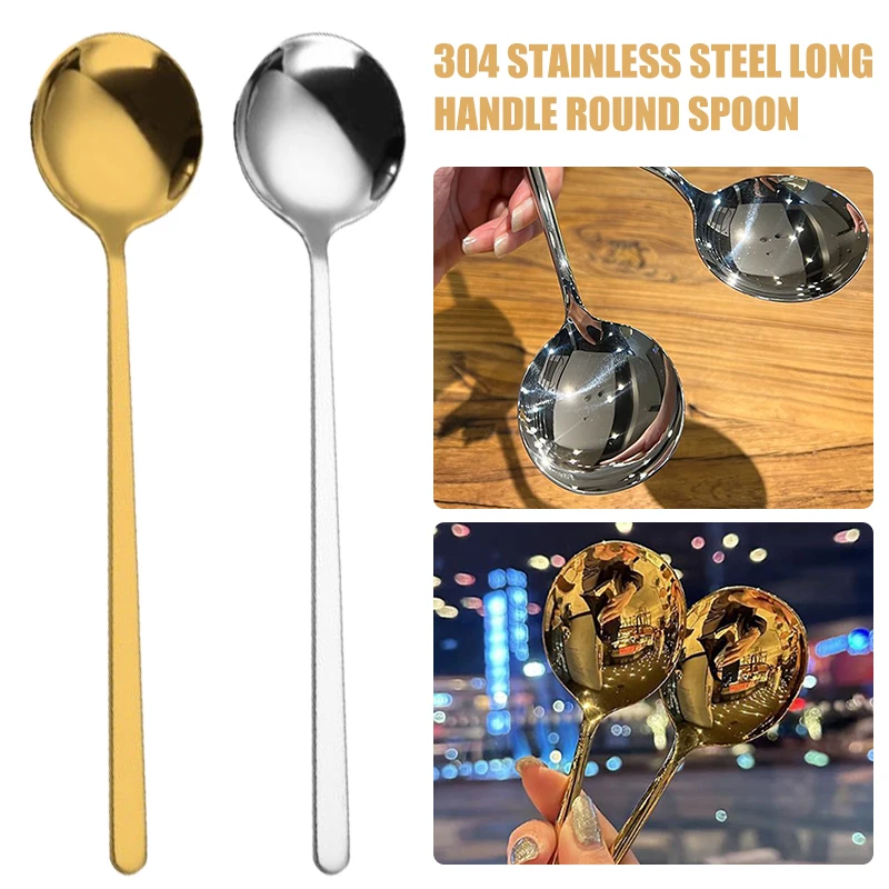 304 Stainless Steel Long Handle Round Spoon Long Golden Silver Household Soup Spoon Dinnerware