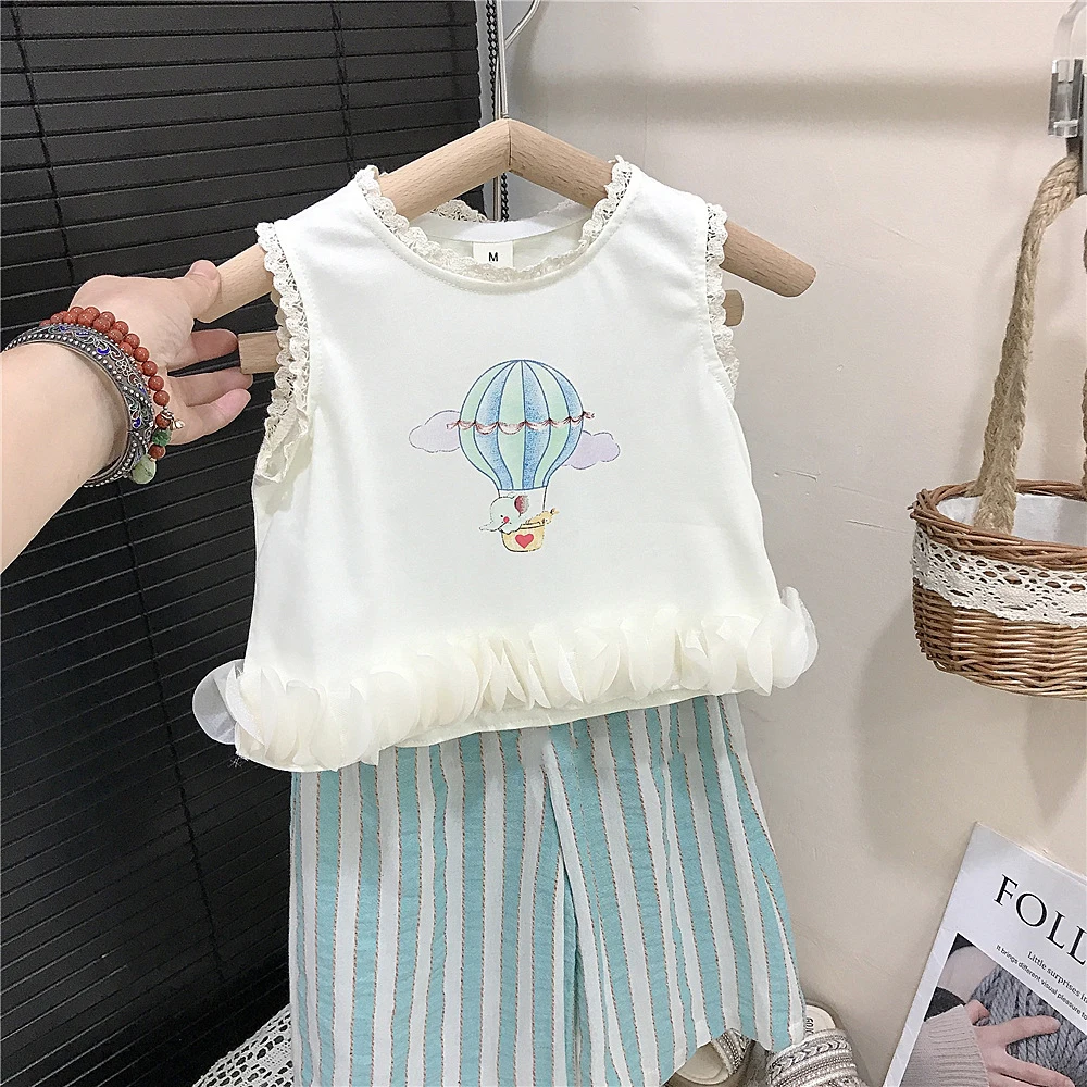 2pcs Girls Pants Sets Lace O-neck Sleeveless Ruched Hem Tops Shirt+Elastic Waist Contrast Striped Wide Leg Pants 2pcs Kids Suit