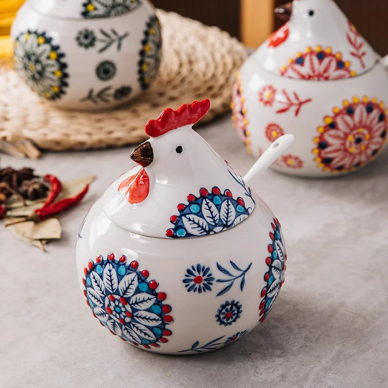 Creative Ceramic Seasoning Jar Rooster Seasoning Box Home with Lid Seasoning Box Pepper Salt Jar Moisture-proof Kitchen Tools