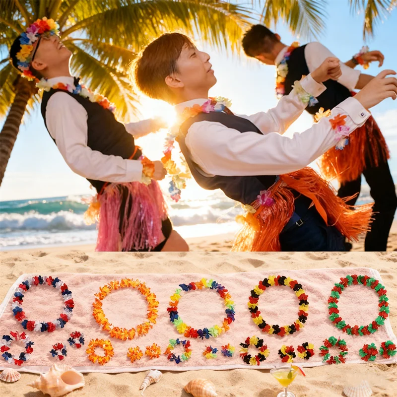 HUAHUAMake الحفلات الاستوائية لا تُنسى مع 4 قطعة/المجموعة هاواي زهرة اصطناعية Leis وقلادة وإكليل وعصابة الرأسHUAHUA