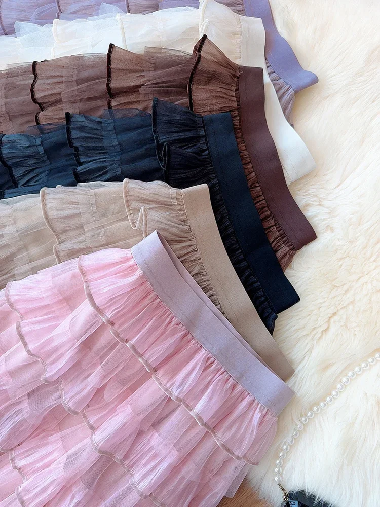 Süßer, bauschiger Tüll-Midirock für Damen, hohe Taille, gestufte Rüschen, A-Linie, süßer Stil, für Hochzeitsgäste, Einheitsgröße, Polyester – Detail 11
