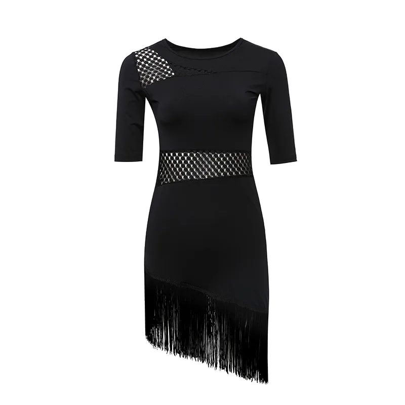 

Sexy Irregular Fringe Latin Dance Dress for Women, Mesh Patchwork Hollow Out Ballroom Costume for Salsa Tango Performance