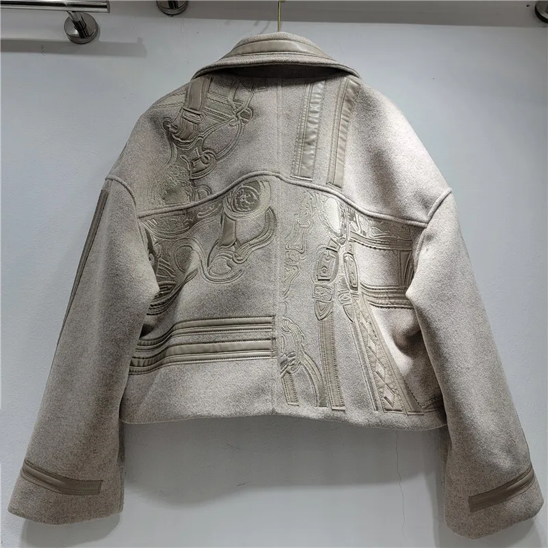 HKSH خريف شتاء جديد إمرأة قصير سترة صوفية الثقيلة التطريز المرقعة التباين اللون سستة الشارع الشهير معطف عصري HK12891 #5