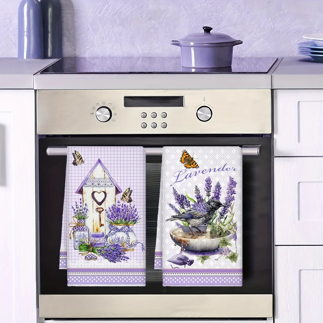 2-piece set, lavender house, purple flowers and birds, kitchen towel, lavender floral simple living hand towel