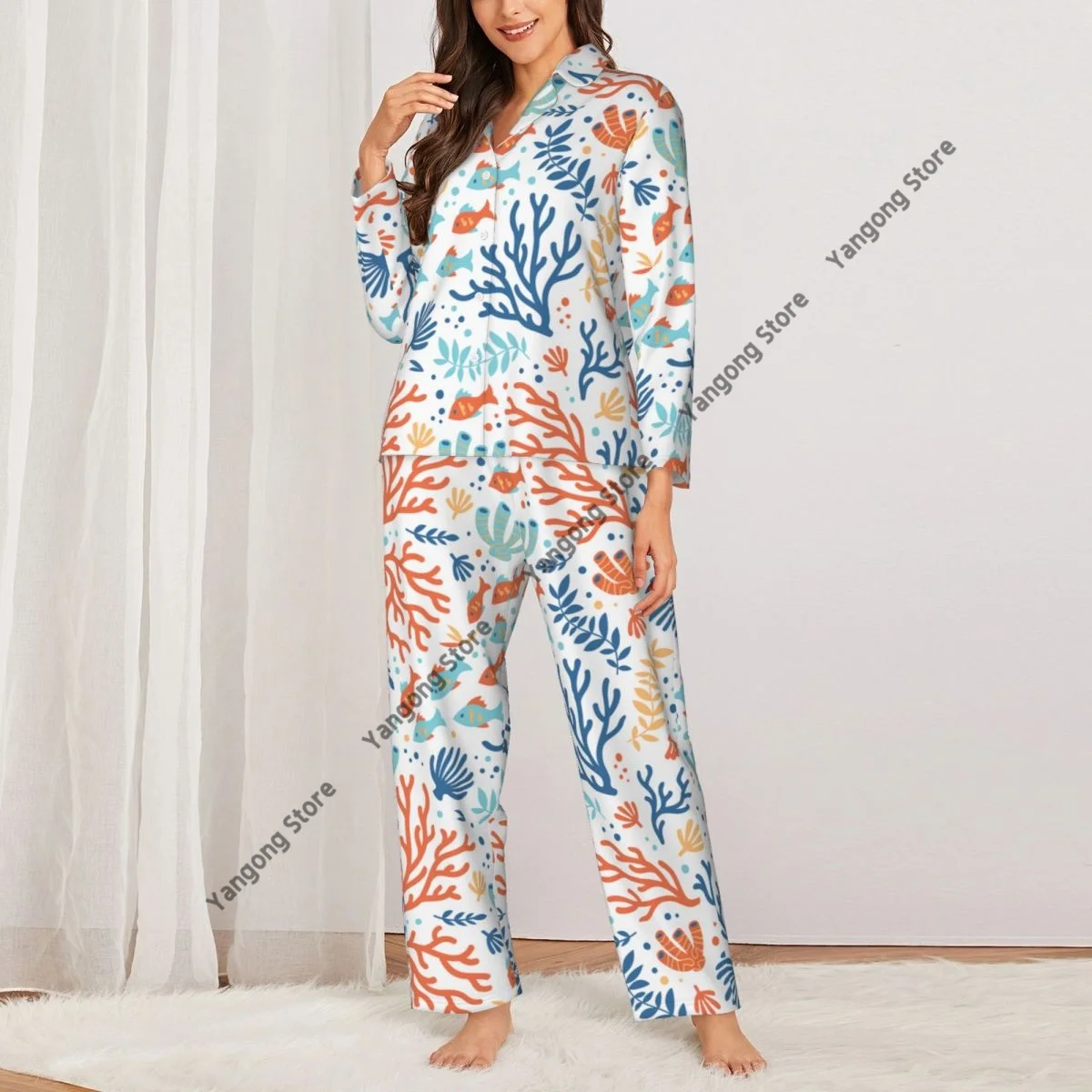 Spring and Autumn Pajama Set Women's Long Sleeve Pants Two Piece Tropical Sea Fishes And Corals Home Furnishing Set