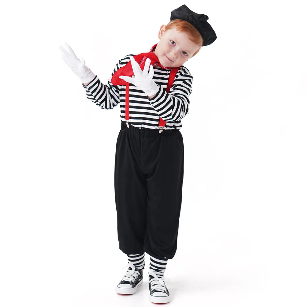 Engraçado Cute Clown Cosplay Costume para Meninos e Meninas, Halloween Purim, Macacão Listrado, Art Street, Masquerades, Festa de Carnaval, Mostrar