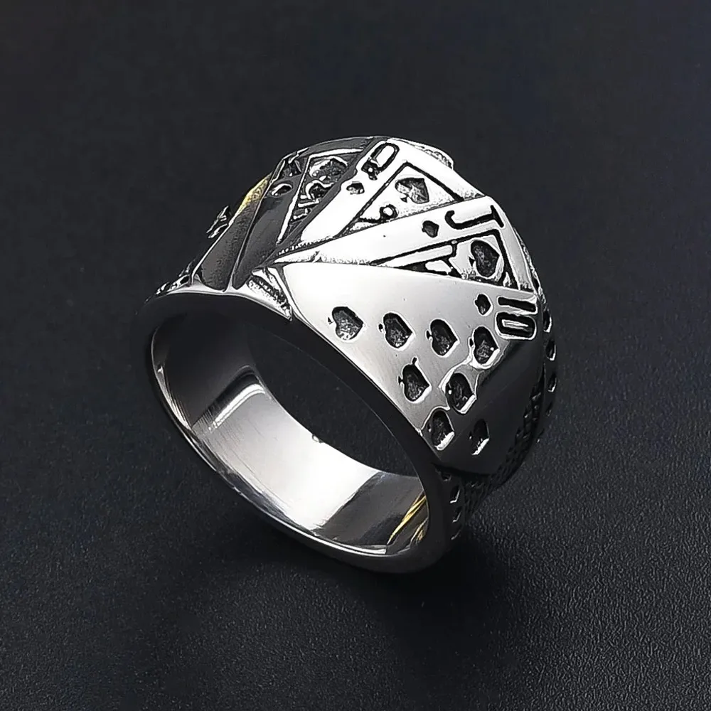 Punk Vintage Spade Straight Flush Lucky Poker Ring Stainless Steel Hip Hop Magician Jewelry For Men Women Fashion Jewelry Gifts