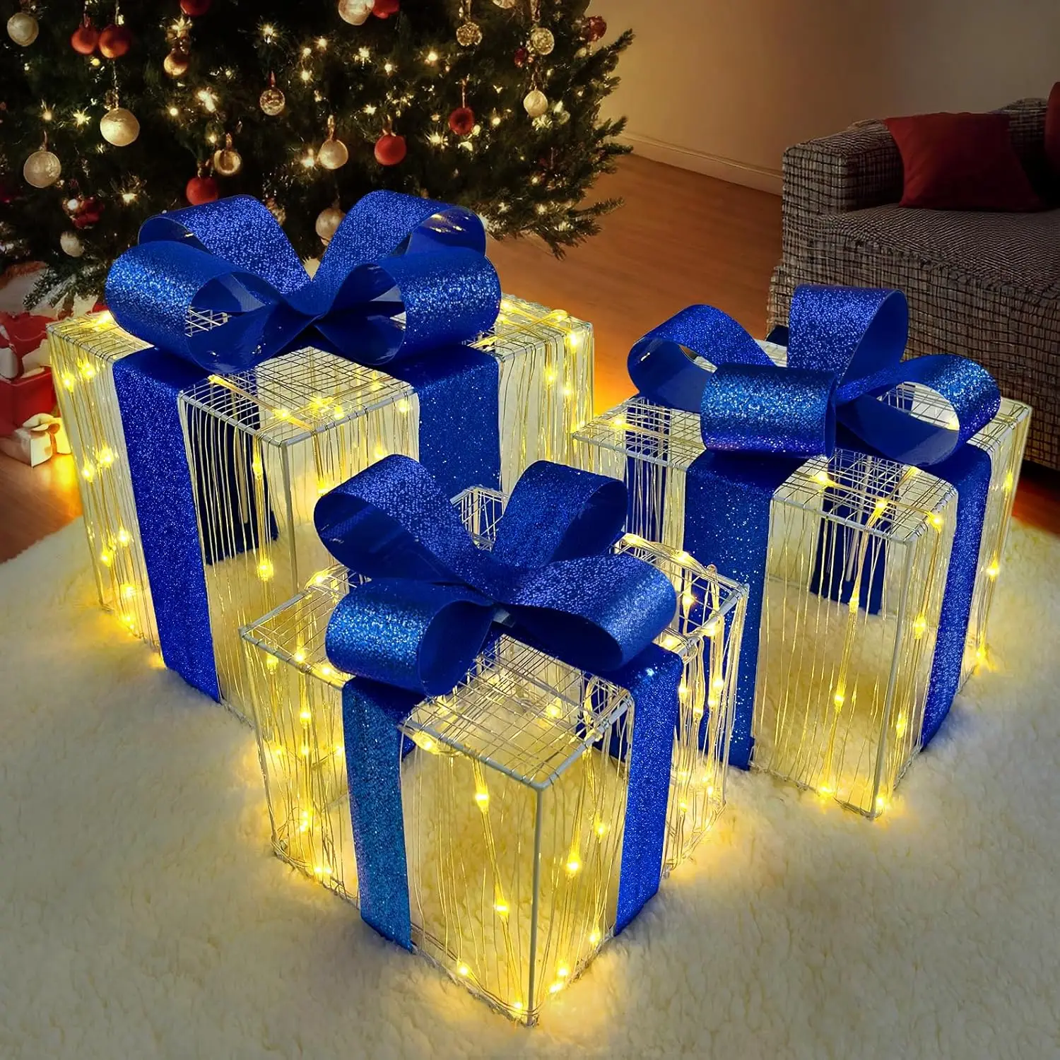 

Xmas Decoration Set of 3 Christmas Lighted Gift Boxes Xmas Tree Skirt Ornament Light Up Present Box Holiday Party Yard Decor