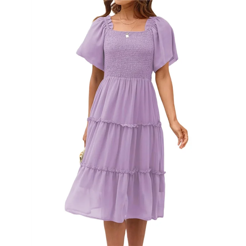 Women's Summer Casual Flutter Sleeve Square Neck Smocked Midi Dress