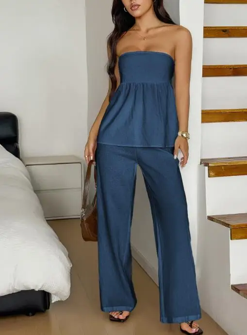 

Y2K Hot Girl Strapless Strapless Tank Top and High Waisted Straight Leg Pants Set, Summer Solid Color Casual 2-Piece Set