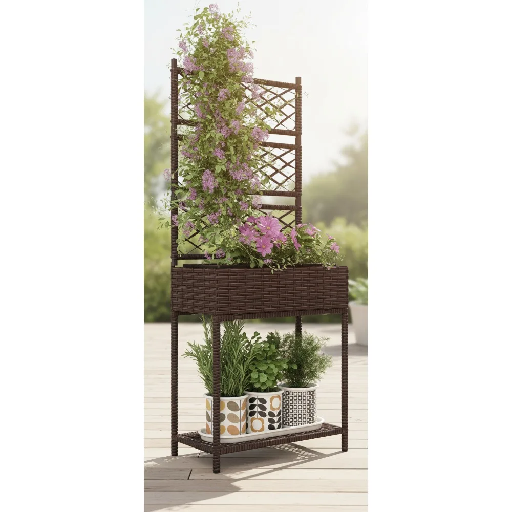 

Outdoor Rattan Planter Stand with Trellis and Storage Shelf for Climbing Plants, Flowers, Herbs - Brown
