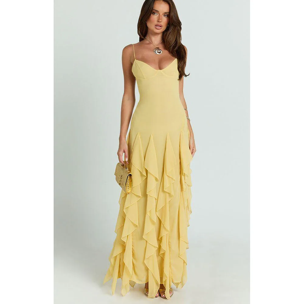 

Formal Evening Dresses Women Spaghetti Strap Sleeveless Pleat High Quality Tiered Banquet Prom Party Female Gowns Simple