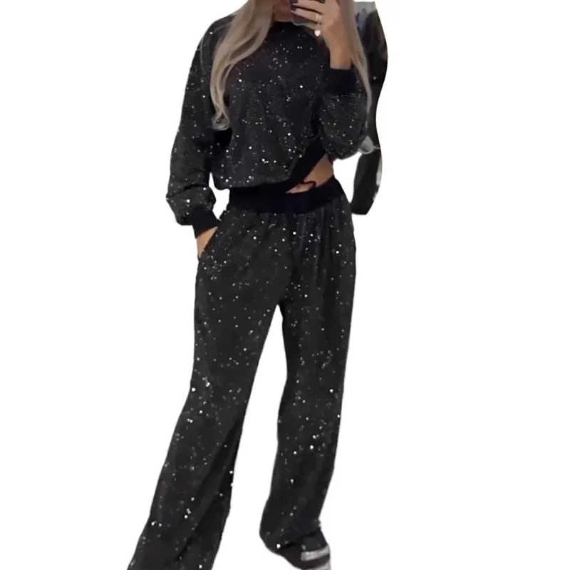 人気の婦人服 星空がいっぱい 星がいっぱい 長袖 ラウンドネック ルーズトップ ドローストリング ワイドレッグ ツーピースセット 絶妙