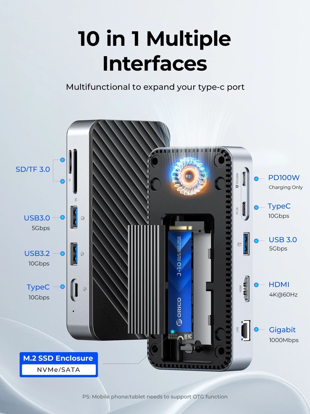 ORICO USB C HUB with Cooling Fan M.2 NVMe SATA SSD Enclosure External 10Gbps 4K 60Hz HDMI-Com RJ45 SD/TF Docking Station