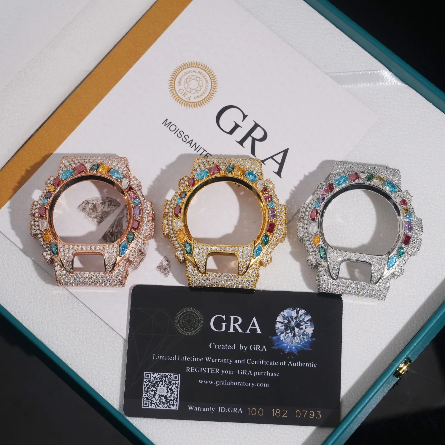 LYEE CYEE Iced-Out Watch Case with Rainbow Edge: Full Moissanite & Colorful Stones. Unique Hip-Hop Bling, GRA Certified Luxur