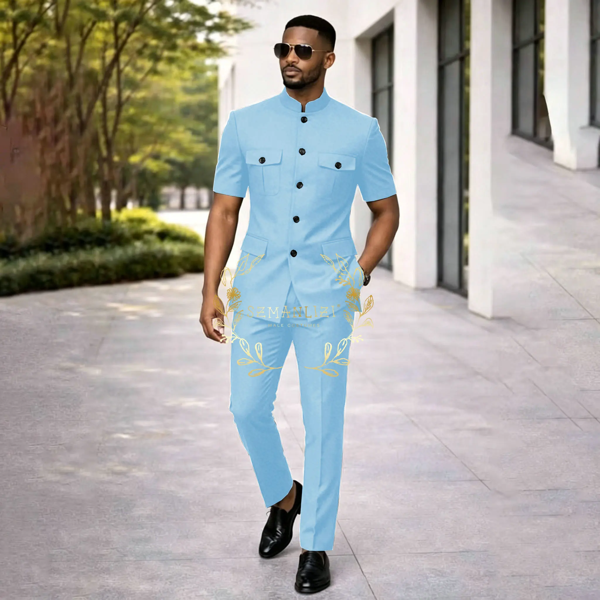 2026 Slim Fit Men Suits Blazer Oil Green Stand Lapel Short Sleeves Formal Wedding Party 2 Piece Jacket Pants Outfits Costume