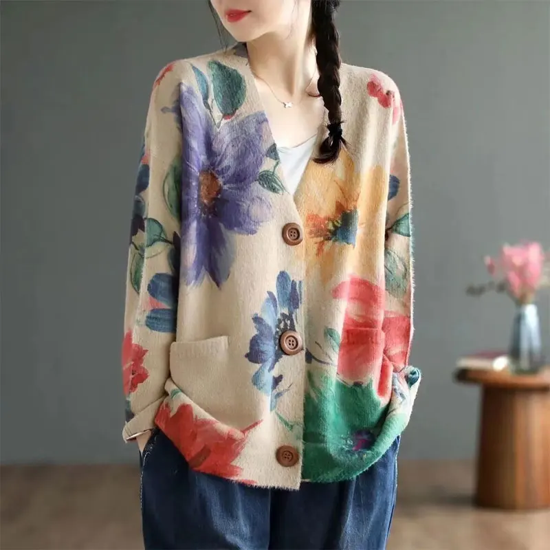 Stylish Casual Floral Printed Sweaters Female Vintage Loose Single-breasted Korean Pockets Autumn Winter V-Neck Knitted Jumpers