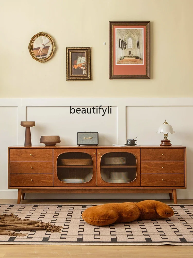 

zxqFrench Retro Cherrywood Solid Wood TV Cabinet Simple American Arched Small Apartment Living Room Audiovisual Cabinet