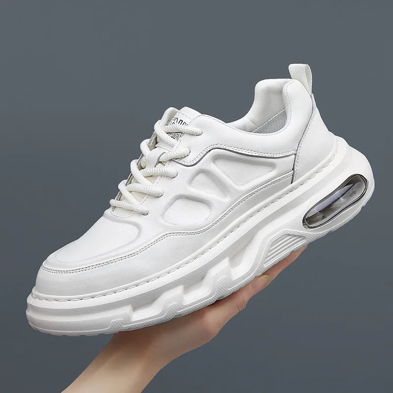 

Shoes for Men Cow Leather Casual Shoes Thick-soled Flat Skateboard Shoes Fashion Lace-up Air Cushion Chunky Sneakers