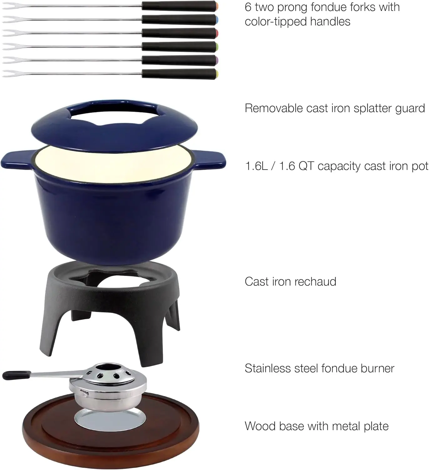 F66706 Sierra 1.6-Quart Cast Iron Meat Fondue Set, 11-Piece, Deep Blue