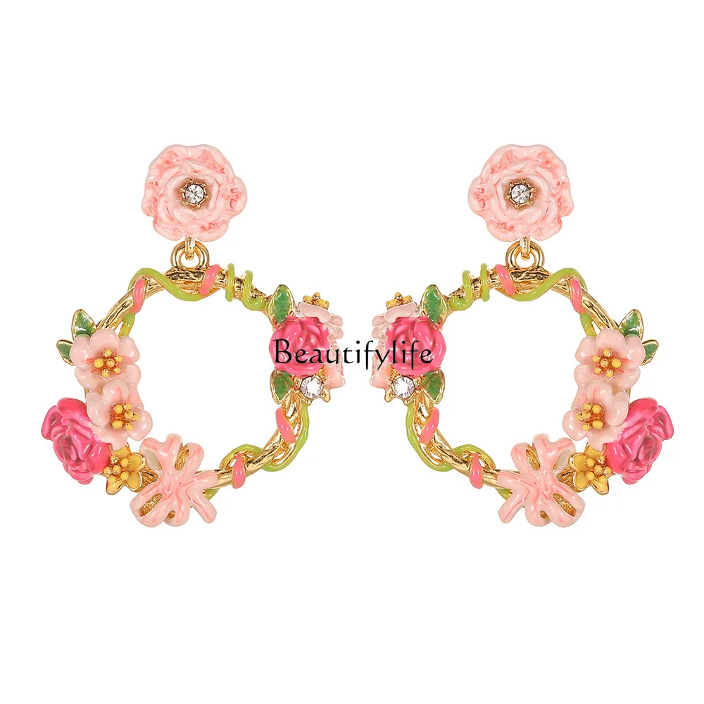 Sweet Fashion Enamel Color Glaze Pink Rose Flower Bow Earrings Women's Flower Ring Stud Earrings