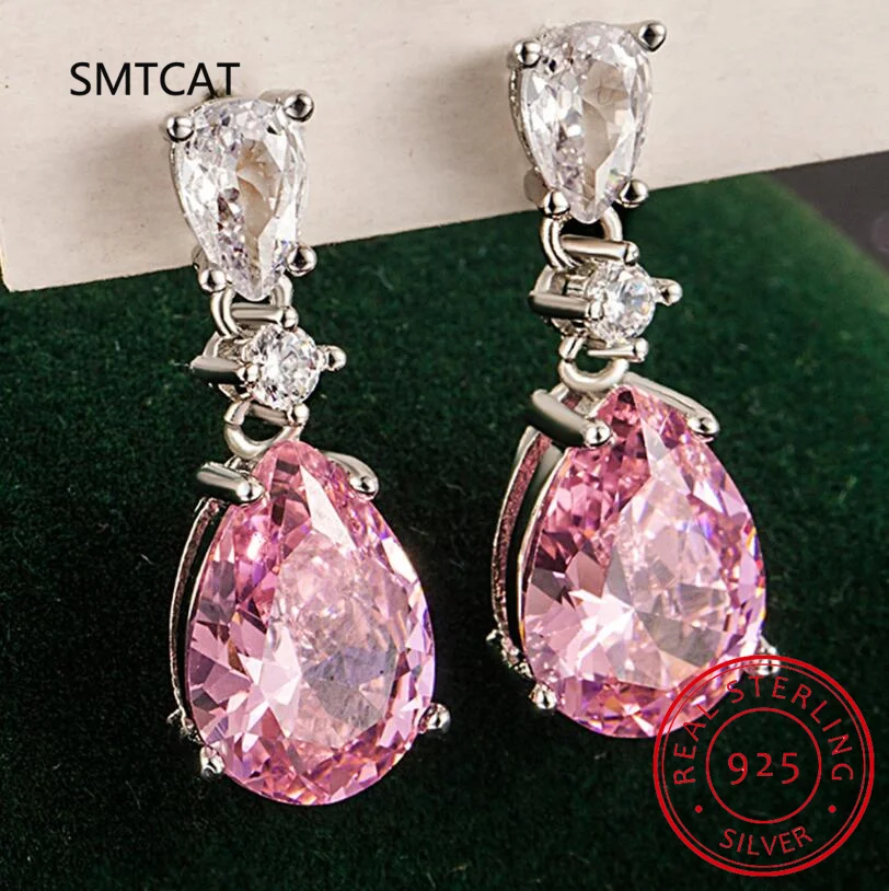 100% 925 Sterling Silver Pink Water Drop High Carbon Diamond Drop Earrings For Women Sparkling Wedding Party Fine Jewelry Gift