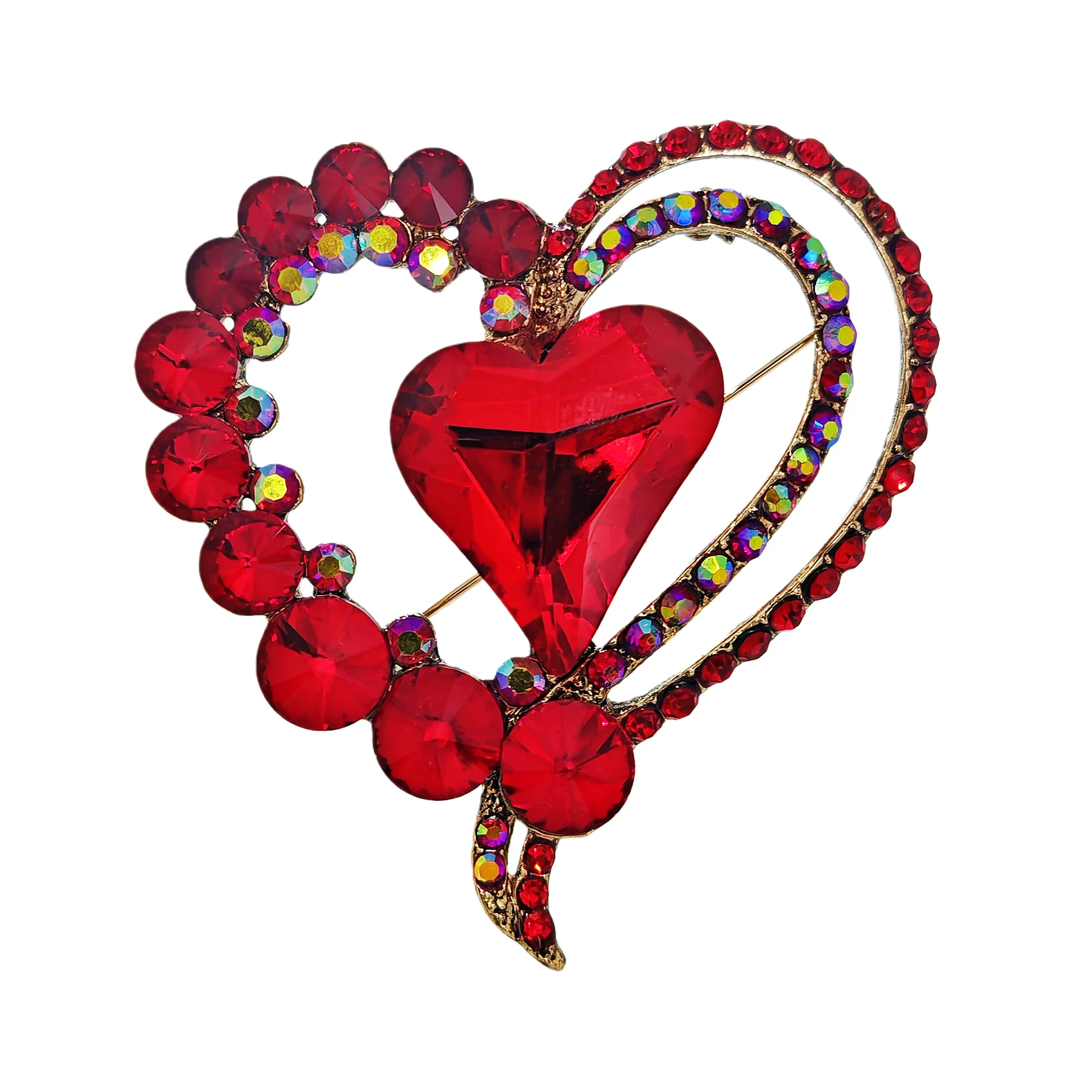 

Crystal Heart Brooch Pin, Red Rhinestone Design with Iridescent Accents