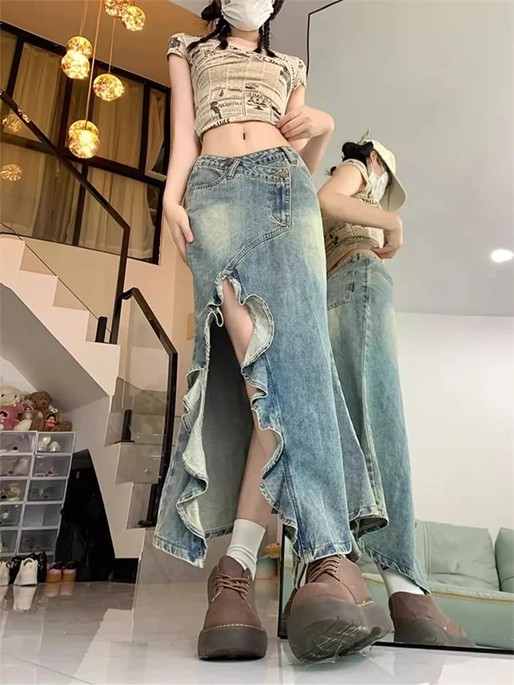 Dames Onregelmatige Ruche Rand Enkellange Denim Rok Cool Girl Vintage Mode Zomer Vrouwelijke Street Style A-lijn Grote Rokken