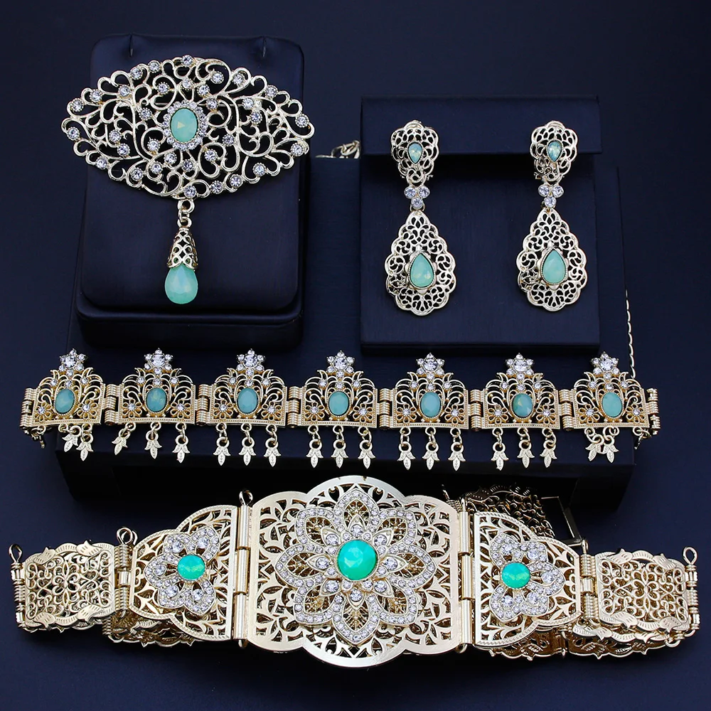 Sunspicems Chic Algeria Bride Jewelry Sets 18K Gold Color Caftan Belt Brooch Earring Hairchain Morocco Women Wedding Bijoux Gift