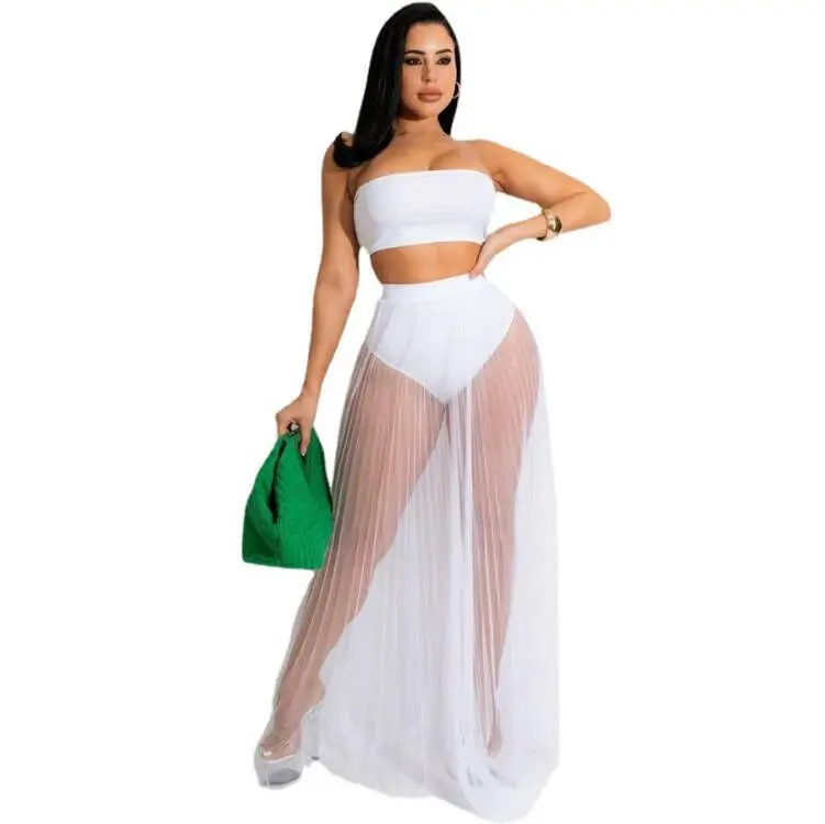 Women High Waist Mesh Skirts Crop Tops Set See Through Solid Transparent Chiffon Maxi Long Skirt Two Piece Suit Summer 2023