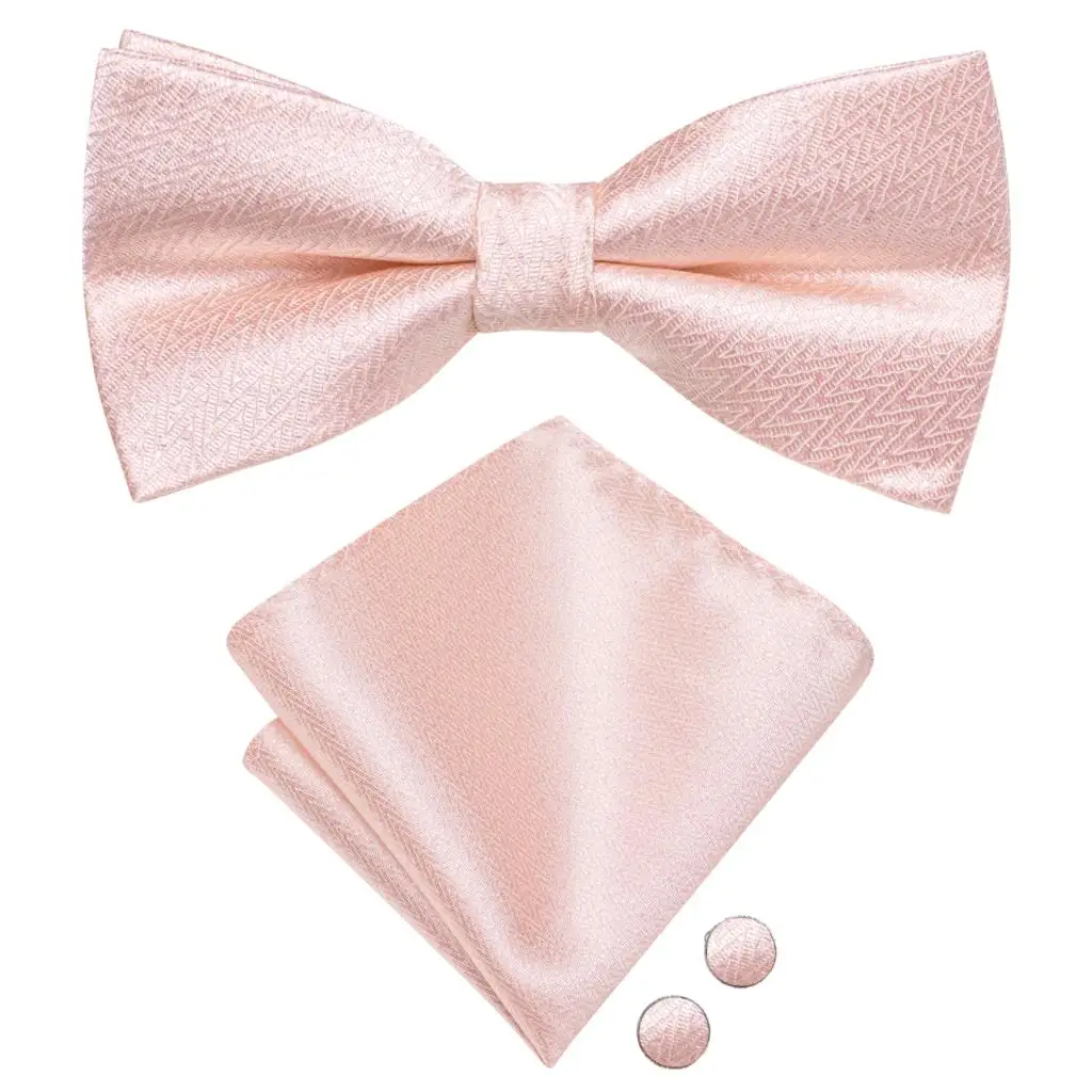 Peach Pink Salmon Rose Mens Bow Tie Pocket Square Cufflinks Set Pre-tied Butterfly Knot Bowtie for Male Wedding silk Business